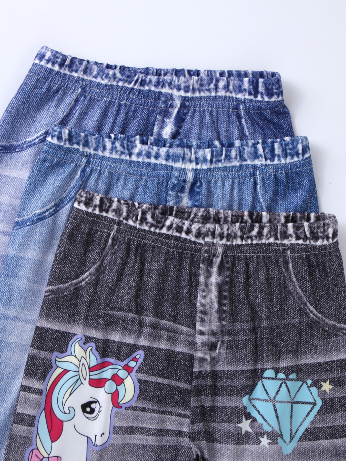 Girls' printed jeans, available in three colors.