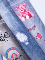 Girls' printed jeans, available in three colors.