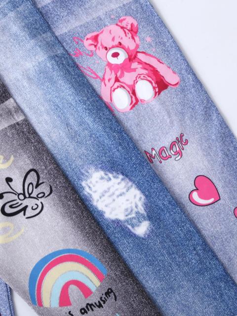 Girls' printed jeans, available in three colors.