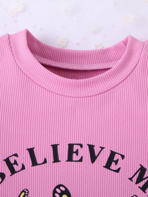 Girls' Pink Ribbed Dress with Butterfly and Letter Print, Short - Sleeved