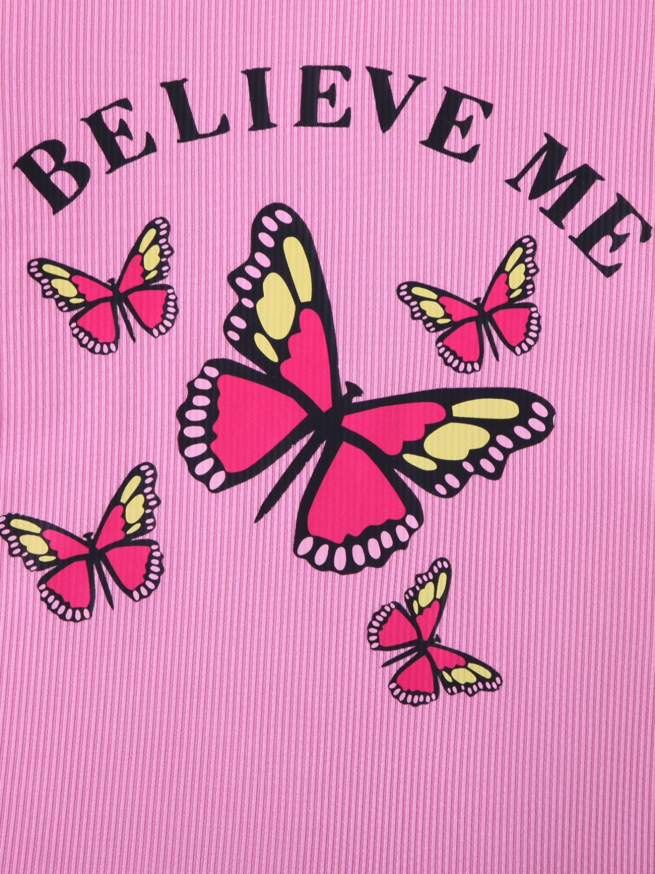 Girls' Pink Ribbed Dress with Butterfly and Letter Print, Short - Sleeved