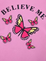 Girls' Pink Ribbed Dress with Butterfly and Letter Print, Short - Sleeved