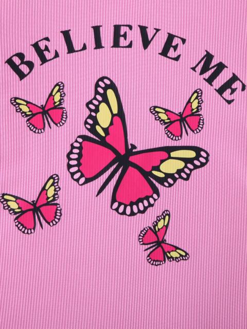 Girls' Pink Ribbed Dress with Butterfly and Letter Print, Short - Sleeved