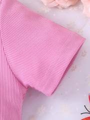 Girls' Pink Ribbed Dress with Butterfly and Letter Print, Short - Sleeved