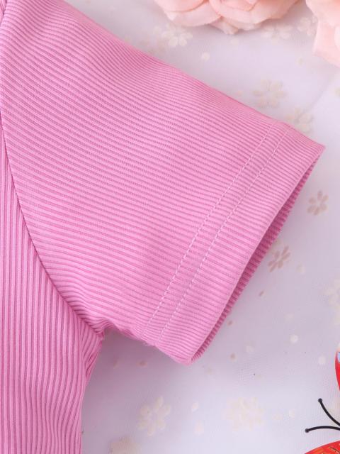 Girls' Pink Ribbed Dress with Butterfly and Letter Print, Short - Sleeved