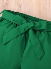 Girls' Set: White T - shirt with "Happy Girl's Day" Print and Green Bow - tied Shorts