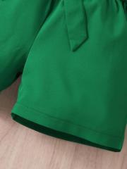 Girls' Set: White T - shirt with "Happy Girl's Day" Print and Green Bow - tied Shorts