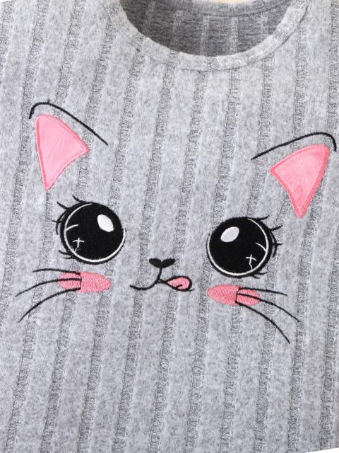 Grey Children's Short - sleeved T - shirt and Shorts Set with Cartoon Cat Pattern
