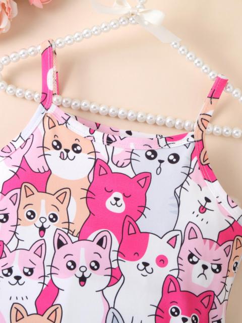 Childlike Cat All - over Printed Slip Dress, Cute - style Playful Little Dress for Girls in Summer