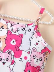 Childlike Cat All - over Printed Slip Dress, Cute - style Playful Little Dress for Girls in Summer