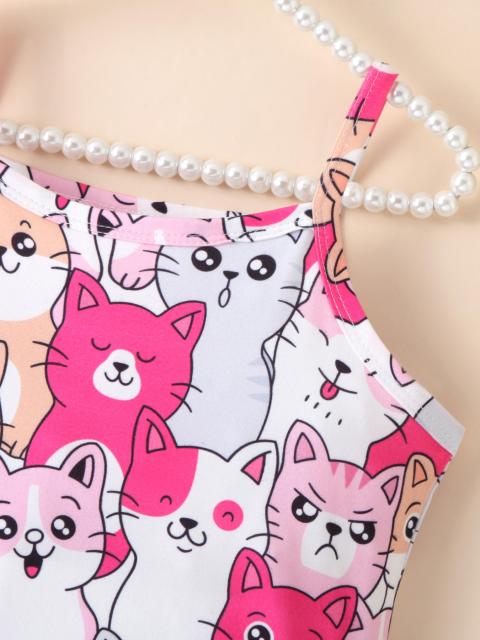 Childlike Cat All - over Printed Slip Dress, Cute - style Playful Little Dress for Girls in Summer