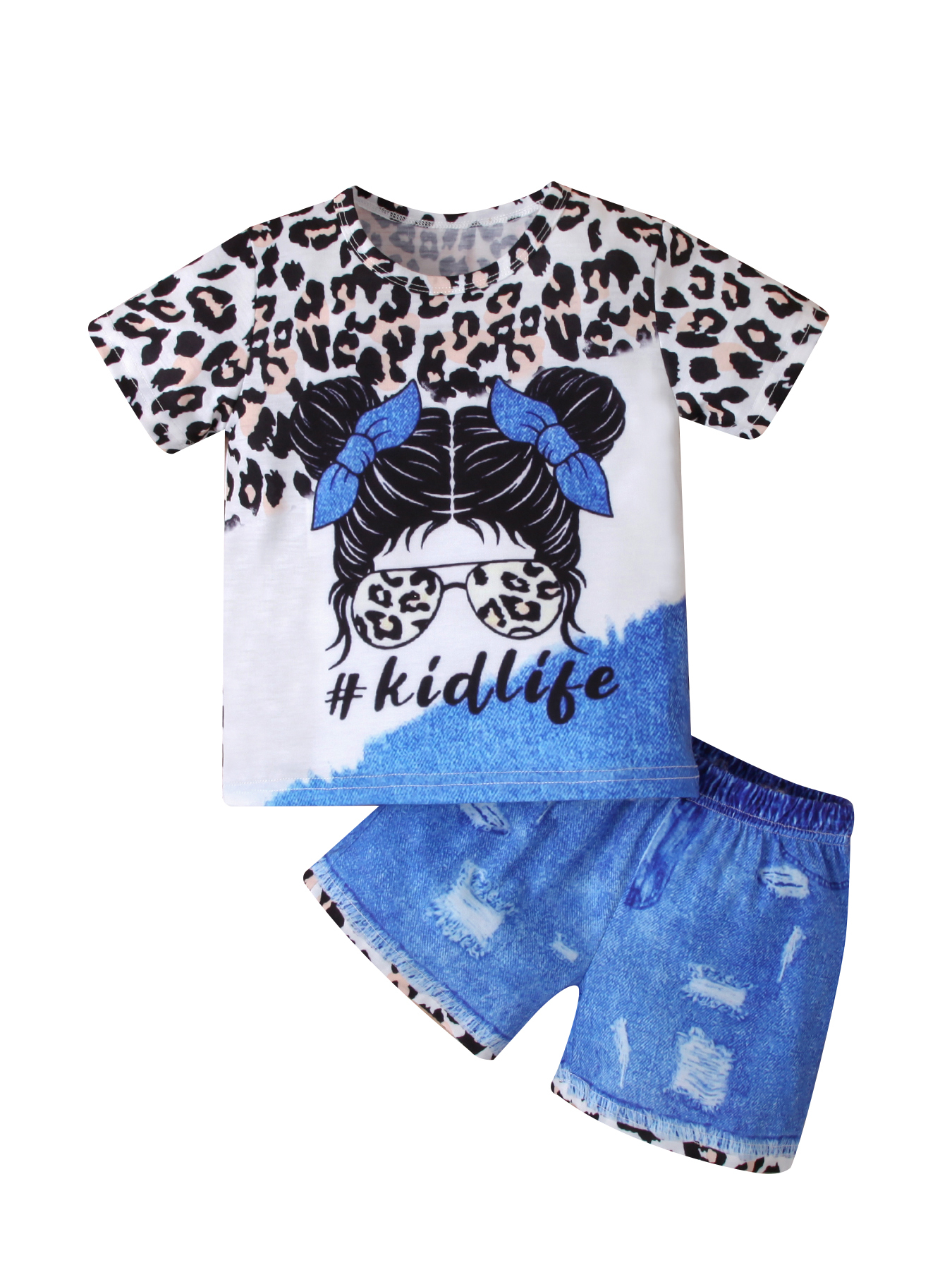 Kids' Set: Leopard-Print Top & Distressed Denim Shorts Outfit