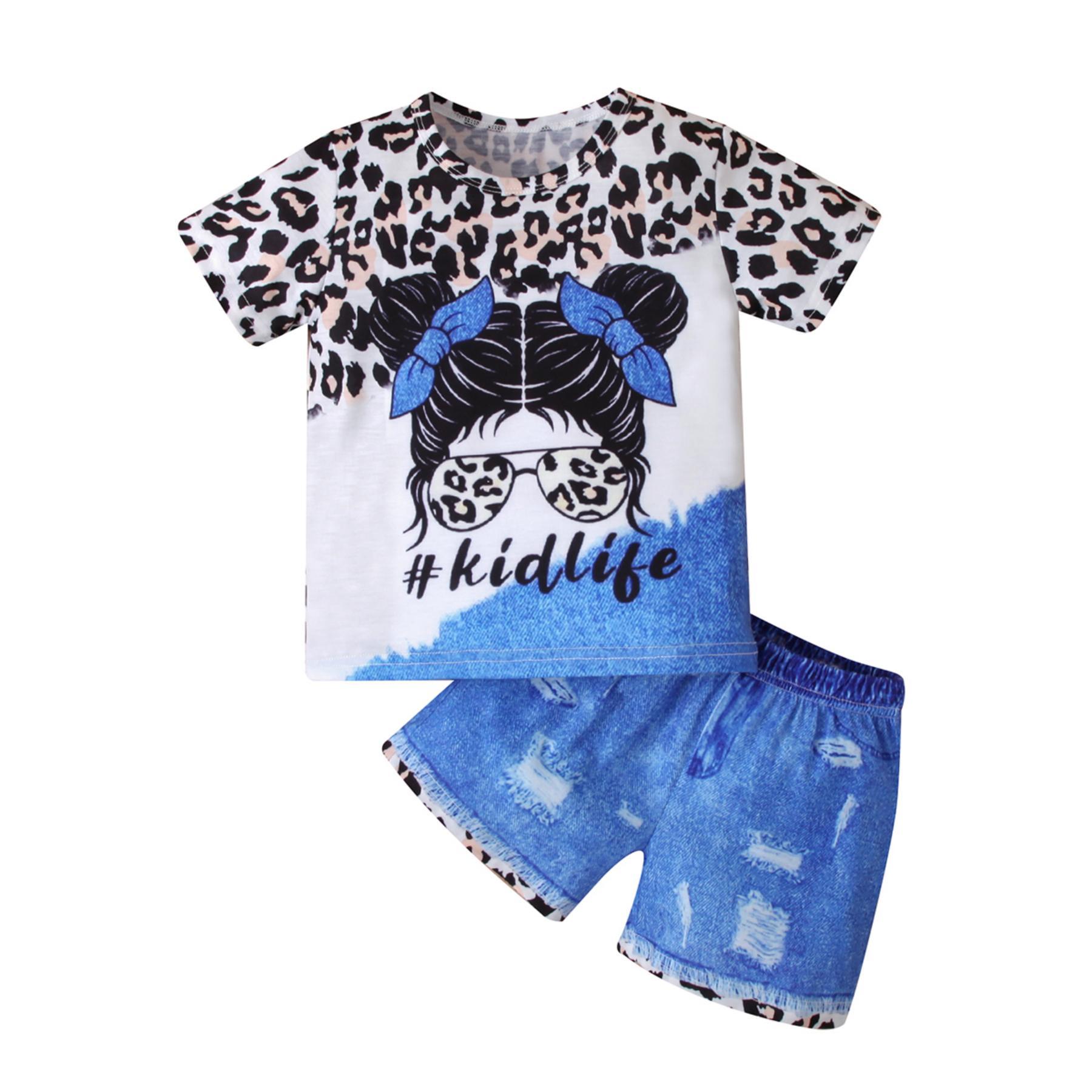 Kids' Set: Leopard-Print Top & Distressed Denim Shorts Outfit