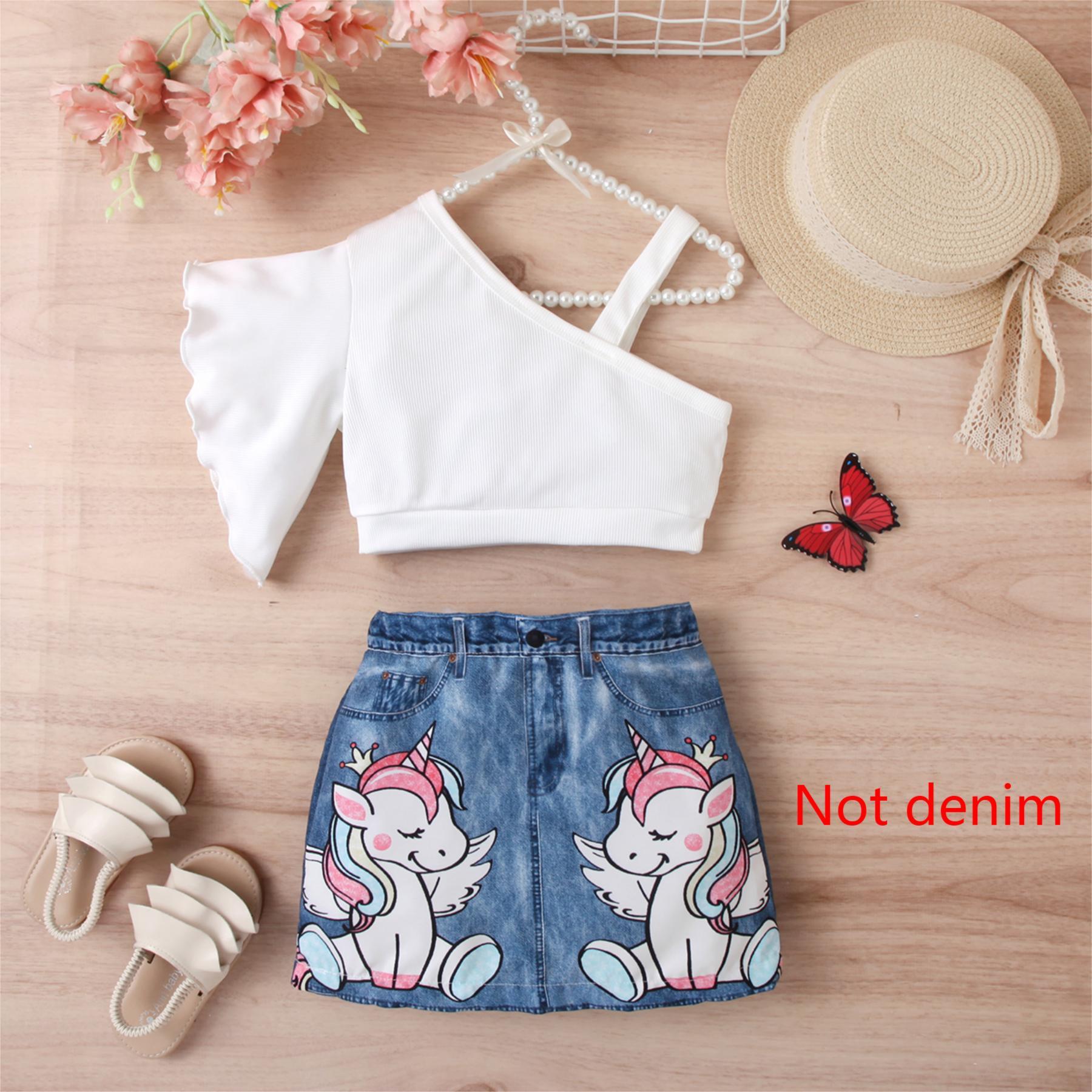 Girls' One-Shoulder Flutter-Sleeve White Top with Unicorn Print Denim Skirt Set