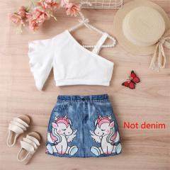 Girls' One-Shoulder Flutter-Sleeve White Top with Unicorn Print Denim Skirt Set