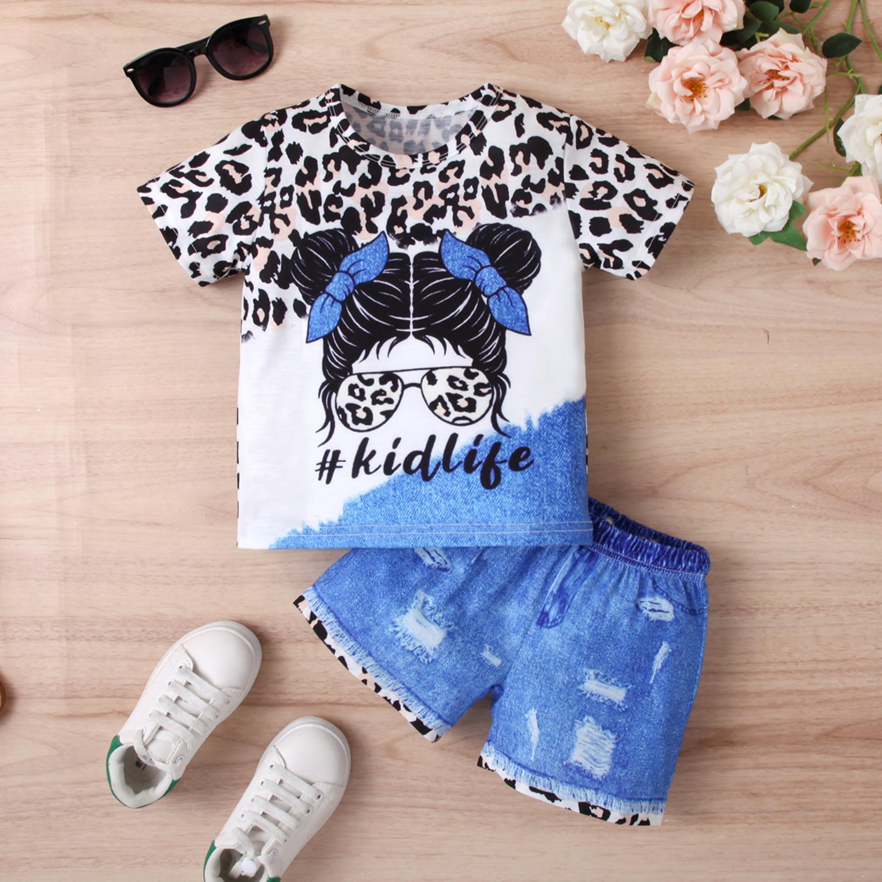 Kids' Set: Leopard-Print Top & Distressed Denim Shorts Outfit
