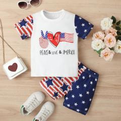 Girls' Patriotic Print Short - Sleeve T - Shirt and Star - Striped Shorts Set