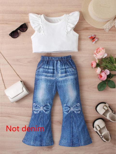 Girl's Fly - Sleeve Crop Top + Bow - Printed Flared Pants Fashion Set