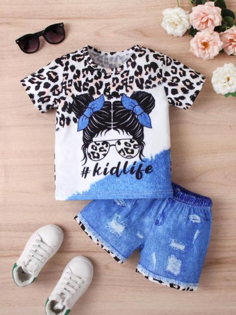 Kids' Set: Leopard-Print Top & Distressed Denim Shorts Outfit