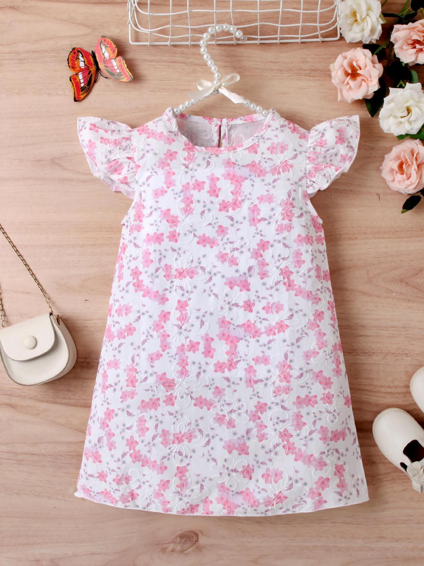 Girls' Pink and White Floral Flutter - Sleeve Dress