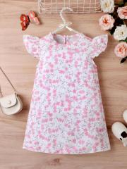 Girls' Pink and White Floral Flutter - Sleeve Dress