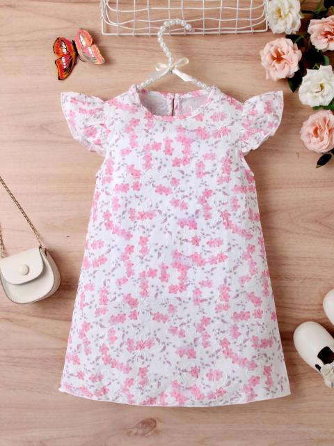 Girls' Pink and White Floral Flutter - Sleeve Dress