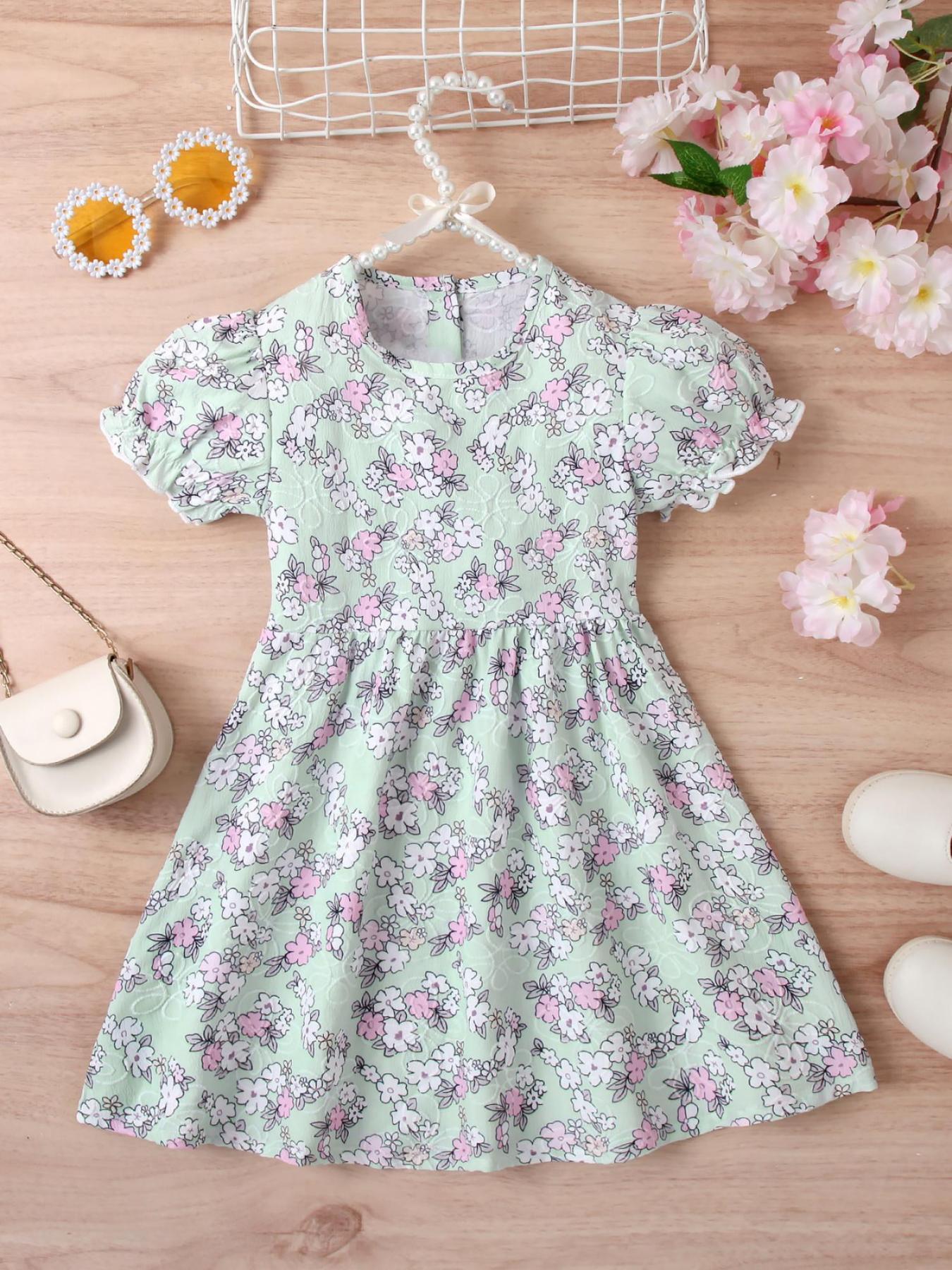 Girls' Mint Green Floral Puff - Sleeve Dress