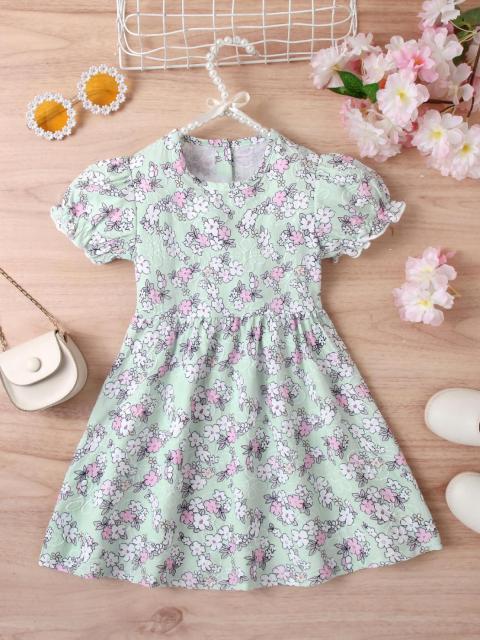 Girls' Mint Green Floral Puff - Sleeve Dress
