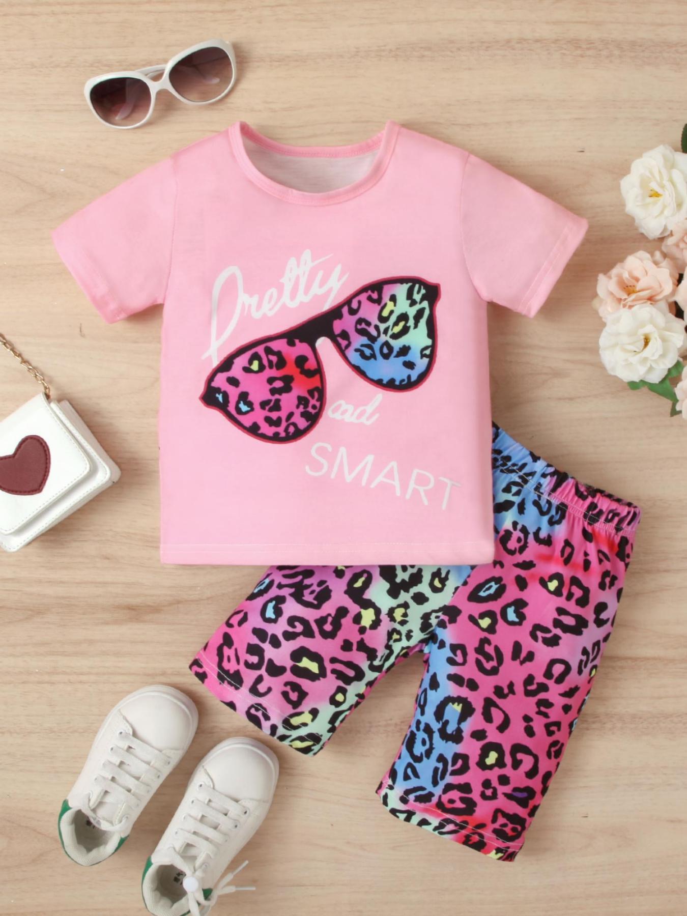 Pink T - Shirt and Colorful Leopard - Print Shorts, Trendy Girls' Two - Piece Set