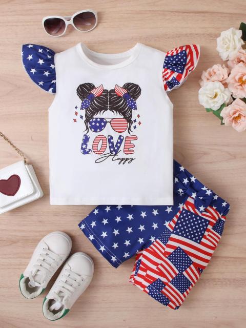 US Independence Day themed set: printed flutter - sleeve top + star - and - flag shorts for girls