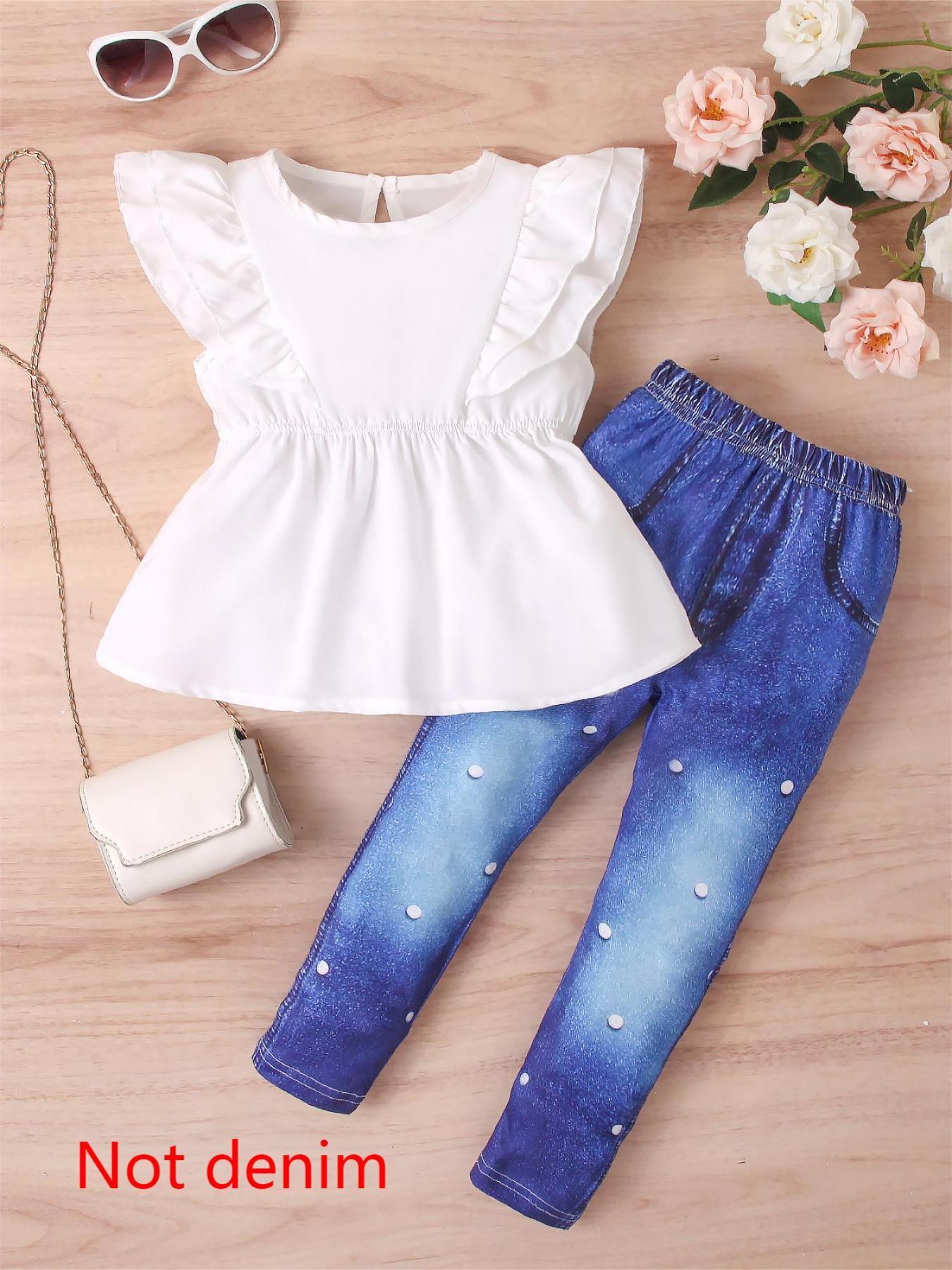Girls' Outfit: White Flutter-Sleeve Waist-Tie Top + Long Pants
