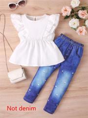 Girls' Outfit: White Flutter-Sleeve Waist-Tie Top + Long Pants