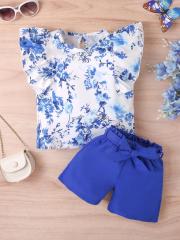 Blue - and - White Floral Flutter - Sleeve Top with Blue Tie - Waist Shorts Girls' Set