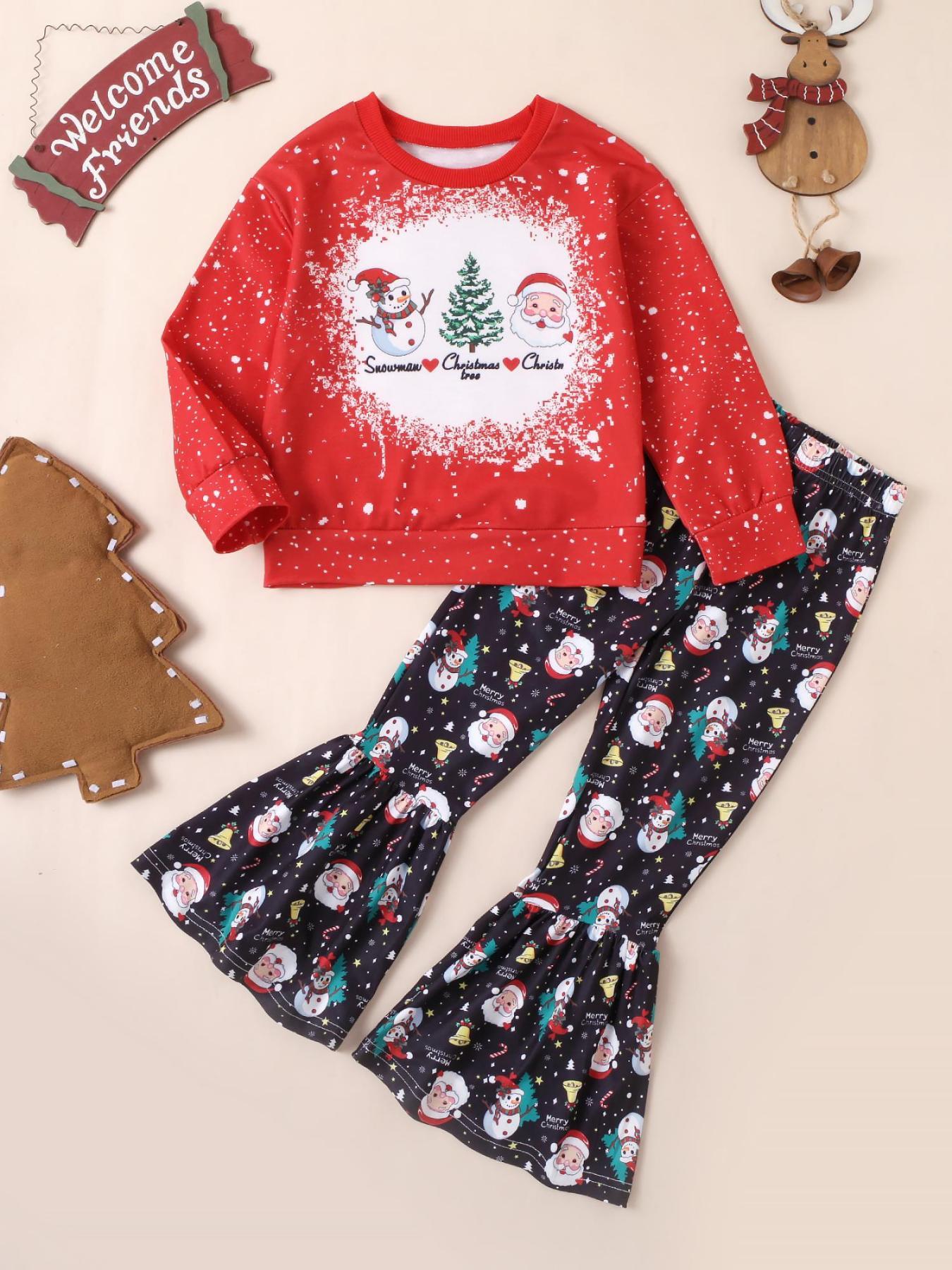 Girls' Christmas Set: Printed Sweatshirt with All - Over - Print Bell - Bottoms