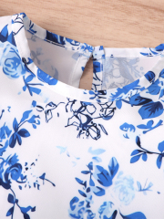 Blue - and - White Floral Flutter - Sleeve Top with Blue Tie - Waist Shorts Girls' Set
