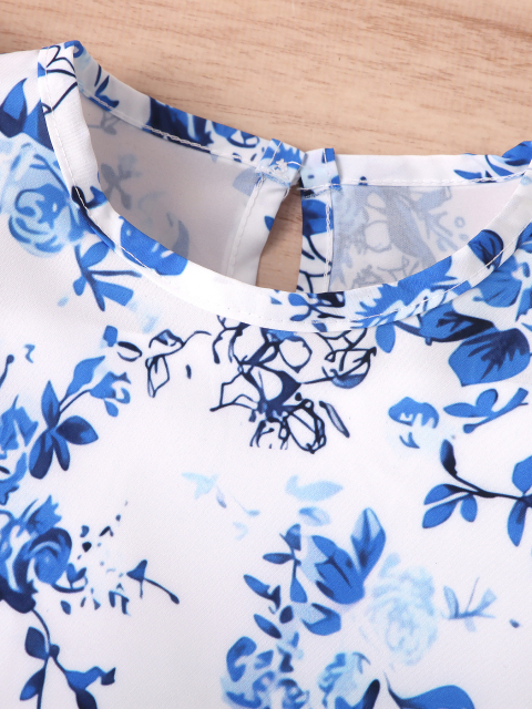 Blue - and - White Floral Flutter - Sleeve Top with Blue Tie - Waist Shorts Girls' Set