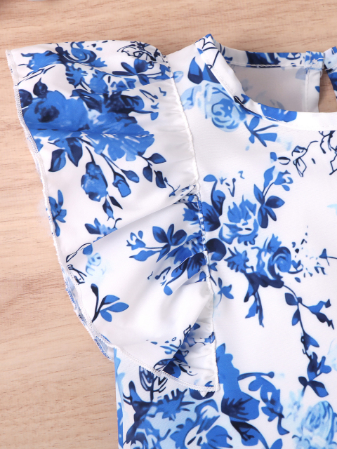 Blue - and - White Floral Flutter - Sleeve Top with Blue Tie - Waist Shorts Girls' Set