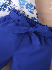 Blue - and - White Floral Flutter - Sleeve Top with Blue Tie - Waist Shorts Girls' Set