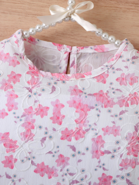 Girls' Pink and White Floral Flutter - Sleeve Dress