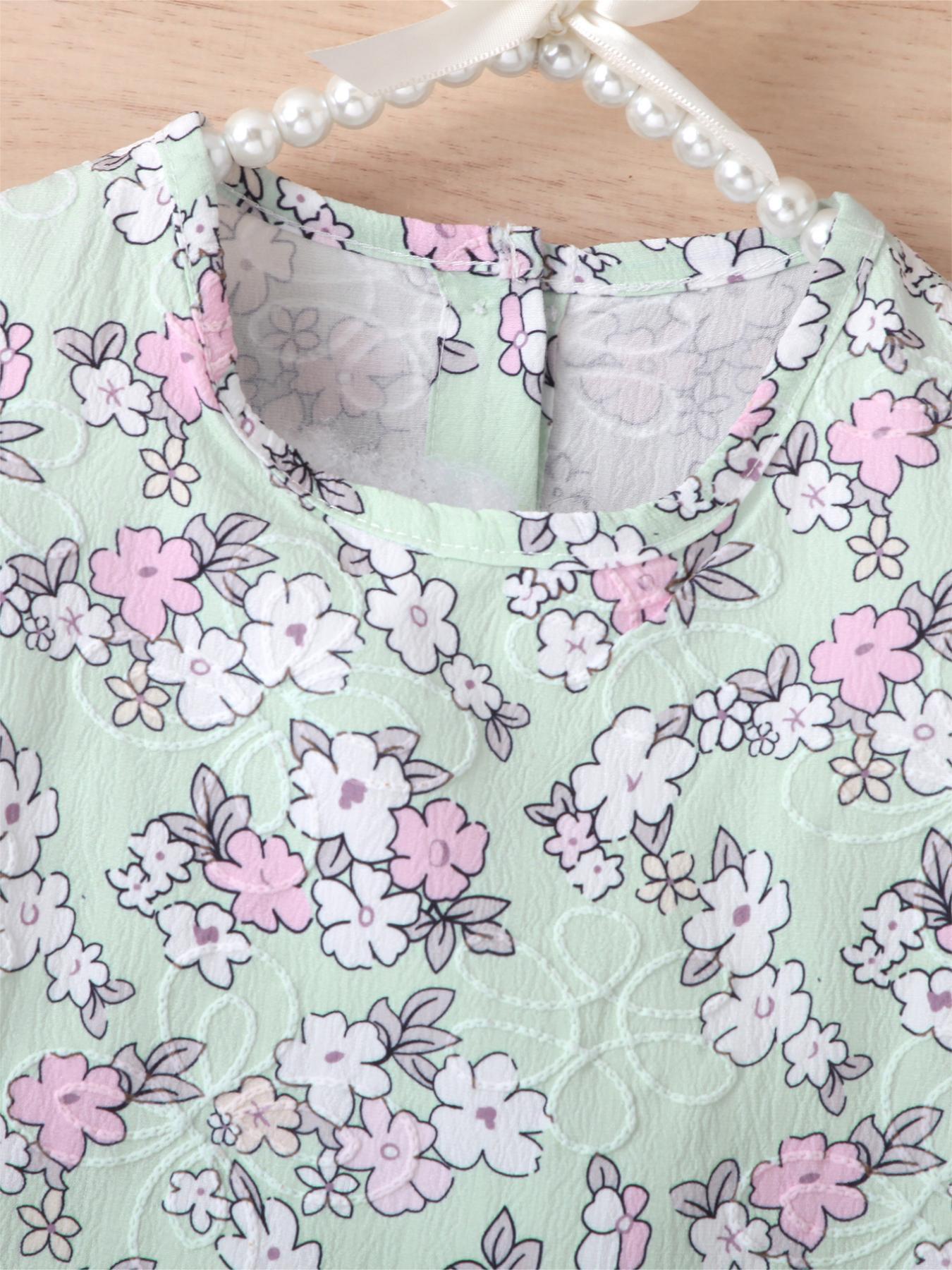 Girls' Mint Green Floral Puff - Sleeve Dress