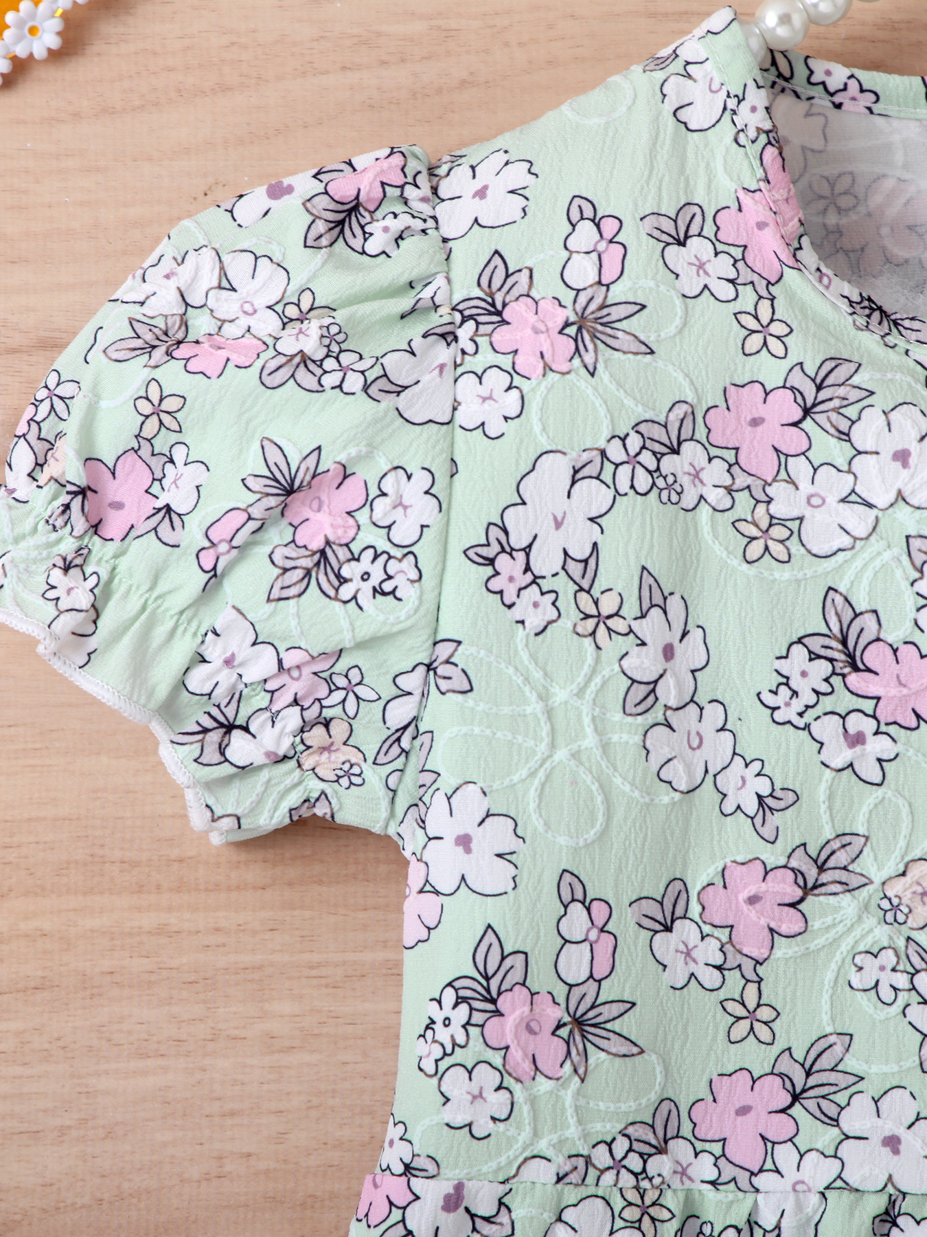 Girls' Mint Green Floral Puff - Sleeve Dress