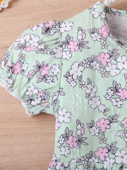 Girls' Mint Green Floral Puff - Sleeve Dress