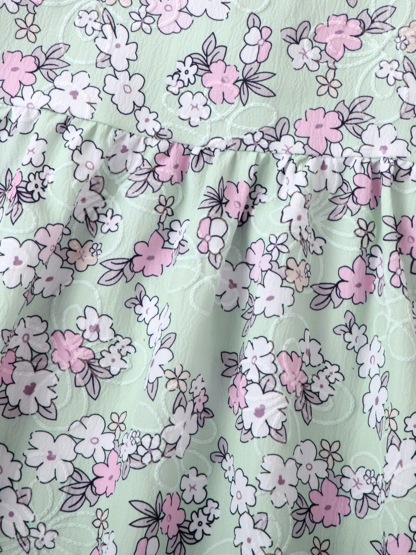 Girls' Mint Green Floral Puff - Sleeve Dress