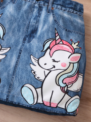 Girls' One-Shoulder Flutter-Sleeve White Top with Unicorn Print Denim Skirt Set