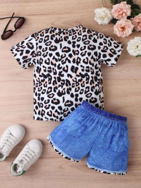 Kids' Set: Leopard-Print Top & Distressed Denim Shorts Outfit