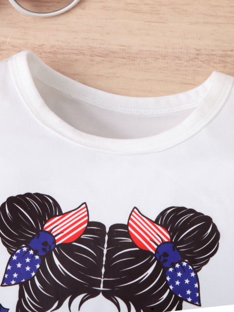 US Independence Day themed set: printed flutter - sleeve top + star - and - flag shorts for girls
