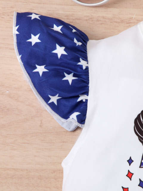 US Independence Day themed set: printed flutter - sleeve top + star - and - flag shorts for girls