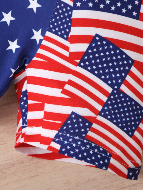 US Independence Day themed set: printed flutter - sleeve top + star - and - flag shorts for girls
