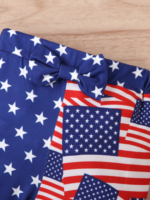 US Independence Day themed set: printed flutter - sleeve top + star - and - flag shorts for girls