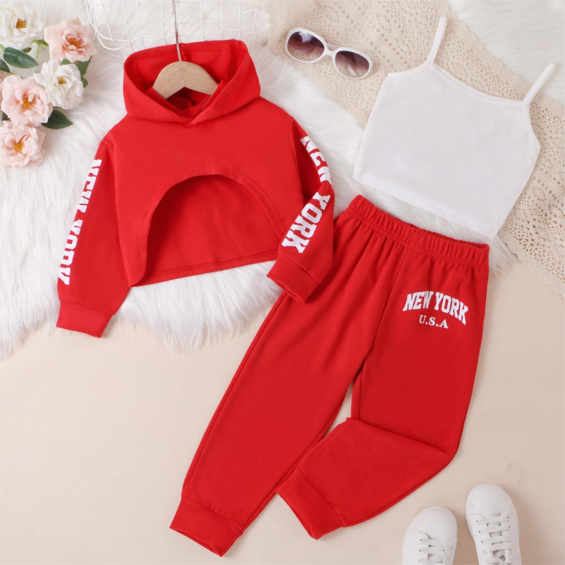 Girls' Red Hooded Cropped Sweatshirt with Matching Red Pants and White Camisole Three - piece Set